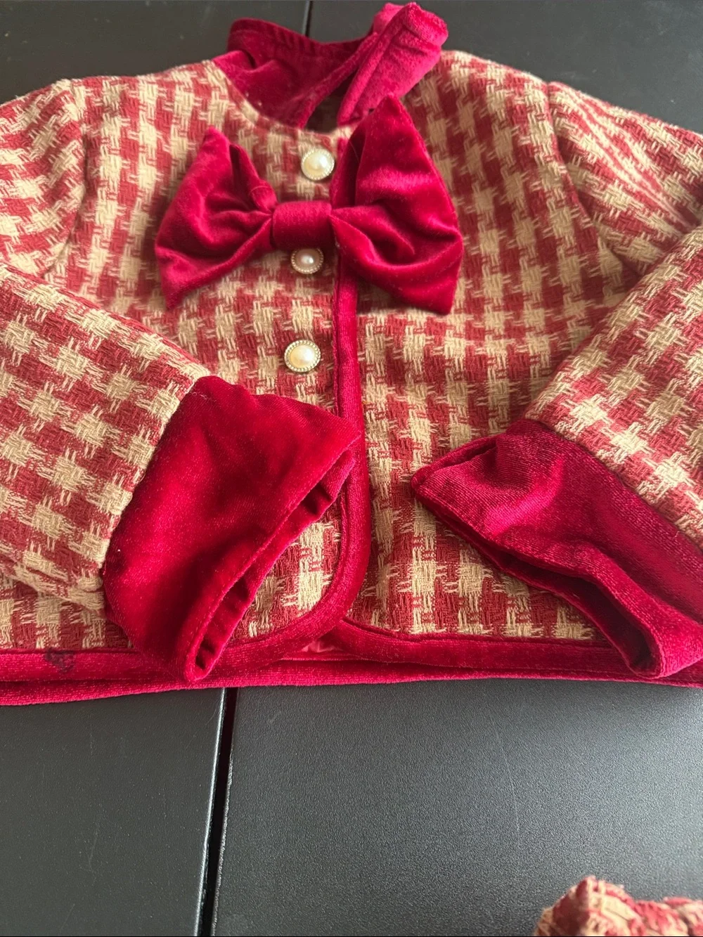 Red and Cream Houndstooth Velvet-Trim Skirt Set